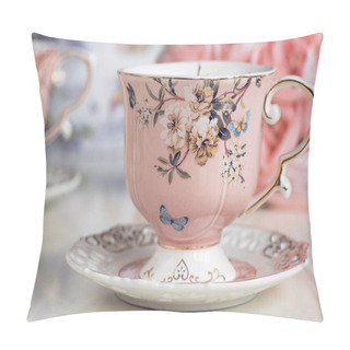 Personality  Pink Tea Cups With Floral Ornament And Macaroon Sweets Pillow Covers