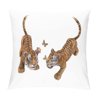 Personality  Two Cute Tiger Cubs Playing With Butterflies Pillow Covers