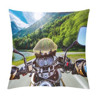 Personality  Biker First-person View.Biker Driving A Motorcycle Rides Along The Asphalt Road Pillow Covers