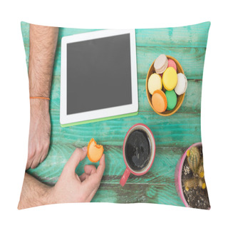 Personality  Man Working At Vintage Rough Wooden Desk Directly From Above Bro Pillow Covers