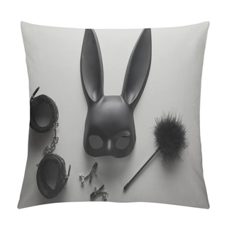 Personality  Top View Of Black Rabbit Mask And Sex Toys On White Background Pillow Covers