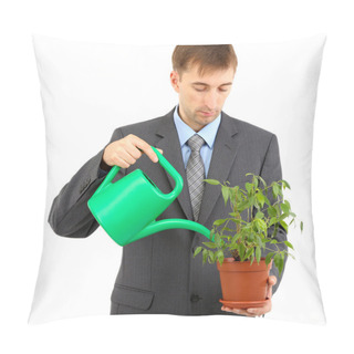 Personality  Young Businessman Watering Pot Isolated On White Pillow Covers