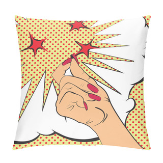 Personality  Gestures Hand, A Snap Of The Fingers, Sparks Of Red Stars. Sketch In Style Pop Art, Comics. Call Attention And Information Using Finger. Female Hand Made In Pop Art Style, Gesture Pillow Covers