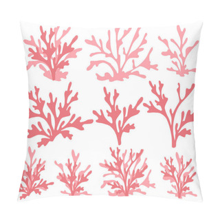 Personality  Set Of Red Coral Seaweeds Silhouettes Flat Vector Illustration Isolated On White Background. Pillow Covers