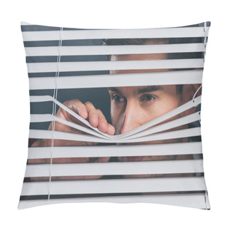 Personality  Suspicious Young Man Looking Away And Peeking Through Blinds Pillow Covers