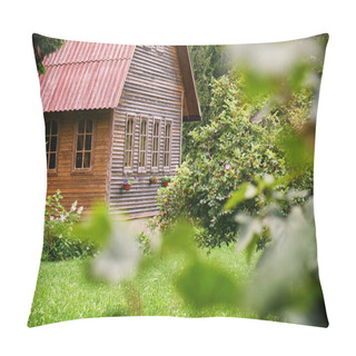 Personality  Suburban Wooden House With A Red Roof In The Green Garden At Russian Countryside In Summer Pillow Covers