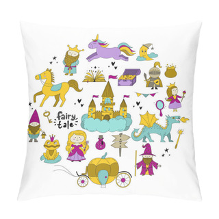 Personality  Set Of Fairy Tale Objects Collection. Hand Drawn Doodle Illustration With Unicorn, King, Queen, Prinncess, Magic Book, Dragon, Castle, Carriage, Knight Etc. Pillow Covers