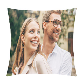 Personality  Close-up Portrait Of Smiling Young Couple In Stylish Clothes Looking Away Pillow Covers