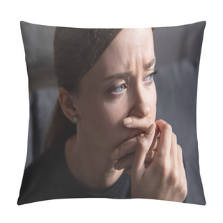 Personality  Upset Young Woman Covering Mouth With Hand And Looking Away  Pillow Covers