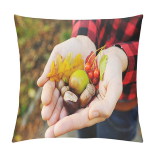 Personality  Girl Holds Her Hands On Autumn Leaves, Acorns, Berries And Hazelnuts Pillow Covers