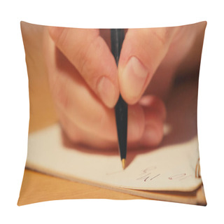 Personality  Close Up View Of Man Holding Pen While Writing On Notebook  Pillow Covers