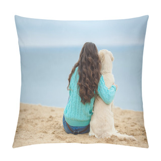 Personality  Portrait Of Beautiful Young Woman Playing With Dog On The Sea Shore Pillow Covers