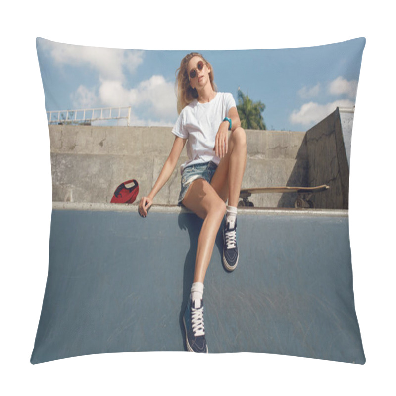 Personality  Summer. Skater Girl Sitting On Concrete Skate Ramp At Skatepark. Female Teenager In Casual Outfit With Skateboard. Urban Sport As Lifestyle For Active Teens In City. pillow covers