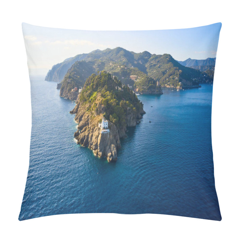 Personality  Arial View On The Mountain Range With A White Lighthouse Near Ligurian Sea On The Foreground. Tradition Colorful Italian Houses Are Loceted On The Top Of The Hill Pillow Covers