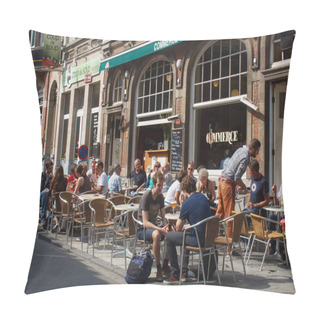 Personality  Unknown People Are Resting In An Outdoor Cafe On Herbert Hooverplein Street In The Center Of Leuven. Pillow Covers