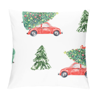 Personality  Watercolor Red Christmas Truck Seamless Pattern. Hand Drawn Vintage Red Truck Pattern With Christmas Tree Holiday Clipart, Wrapping Paper, Greeting Cards Pillow Covers