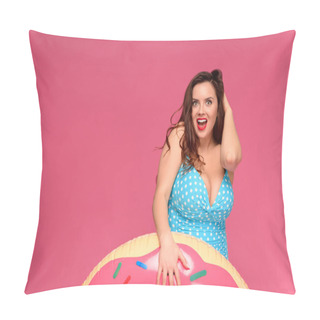 Personality  Surprised Young Woman In Swimwear Posing With Inflatable Ring And Looking At Camera Isolated On Pink Pillow Covers