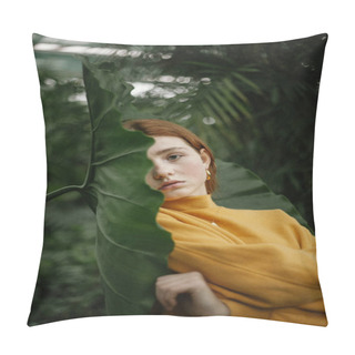Personality  Young Pretty Woman In Dark Yellow Sweater Touching Big Green Leaf And Looking At Camera  Pillow Covers