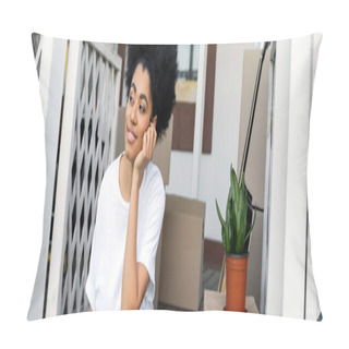 Personality  Dreamy African American Woman Looking Away Near Carton Boxes On Porch Of New House, Real Estate, Banner Pillow Covers