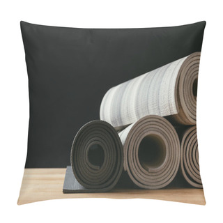Personality  Different Rolled Yoga Mats On Wooden Tabletop Pillow Covers