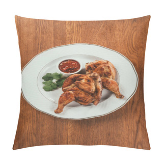 Personality  Grilled Chicken Laying On Plate With Red Sauce In Saucer Over Wooden Surface Pillow Covers