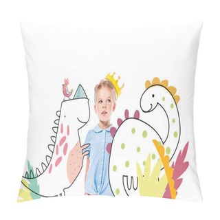 Personality  Adorable Pensive Kid In Yellow Crown, Isolated On White With Imaginary Dinosaurs Pillow Covers