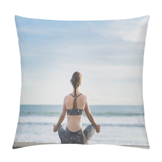 Personality  Back View Of Woman Meditating In Lotus Position With Ocean And Blue Sky On Background, Bali, Indonesia Pillow Covers