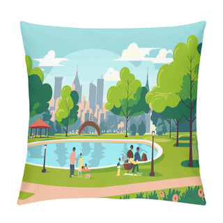 Personality  City Park In Flat Style. Green City Landscape. Vector Illustration Background Pillow Covers