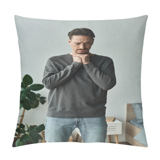 Personality  Depressed And Bearded Man In Casual Home Wear Standing With Hands Near Face On Grey Background, Sad Pillow Covers