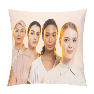 Personality  Selective Focus Of Happy Multicultural Women Looking At Camera Isolated On Beige  Pillow Covers