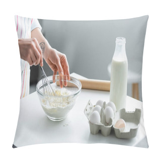 Personality  Cropped View Of Woman Preparing Dough In Bowl Near Milk And Chicken Eggs Pillow Covers