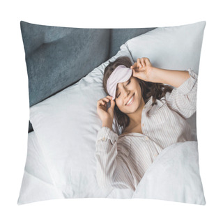 Personality  Attractive Happy Girl In Sleeping Eye Mask Relaxing In Bed In The Morning  Pillow Covers