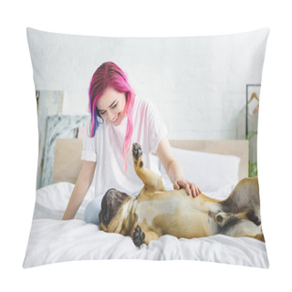 Personality  Girl With Colorful Hair Petting And Looking At Cute French Bulldog Laying On Back In Bed Pillow Covers