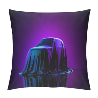 Personality  Presentation Of Car Covered With Cloth On Dark Illuminated By Violet Neon Light Background. 3d Rendering Pillow Covers