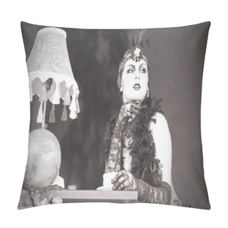 Personality Retro Woman 1920s - 1930s Sitting With In A Restaurant Holding A Pillow Covers