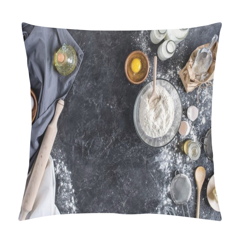 Personality  Top View Of Arranged Kitchenware And Ingredients For Bread Baking On Dark Marble Surface Pillow Covers