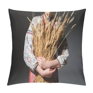 Personality  Cropped View Of Ukrainan Woman In Traditional Shirt With Ornament Holding Wheat Spikelets On Dark Grey Pillow Covers