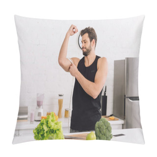 Personality  Handsome And Sportive Man Measuring Muscle On Hand Near Fresh Food  Pillow Covers