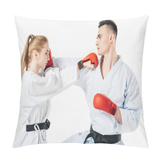 Personality  Side View Of Karate Fighters Exercising Isolated On White Pillow Covers