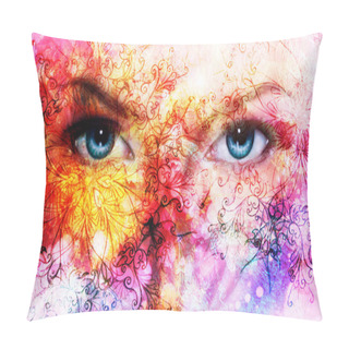 Personality  Beautiful Blue Women Eyes, Color Effect, Painting Collage, Violet Makeup And Ornaments. Pillow Covers