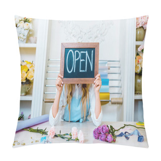 Personality  Beautiful Female Flower Shop Owner Holding Chalkboard With 'open' Lettering In Front Of Face Pillow Covers