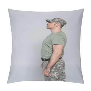 Personality  Side View Of Soldier In T-shirt And Military Cap Standing During Memorial Day Isolated On Grey  Pillow Covers