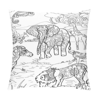 Personality  Diiferent Animals Beside Lake Lion Zebra Kangaroo Giraffe Elephant Colorless Line Drawing. Multiple Wild Creatures Relaxing On The Fields Chameleon Big Cats Horse Coloring Book Page. Pillow Covers
