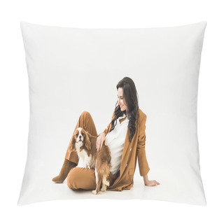 Personality  Elegant Pregnant Woman Sitting On Floor And Stroking Dog On White Background Pillow Covers