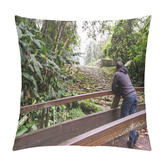 Personality  Man Standing On A Bridge Admiring The Ruins Of An Ancient Civilization That Thrived For Over Two Thousand Years In The Mountains Of Costa Rica. Pillow Covers