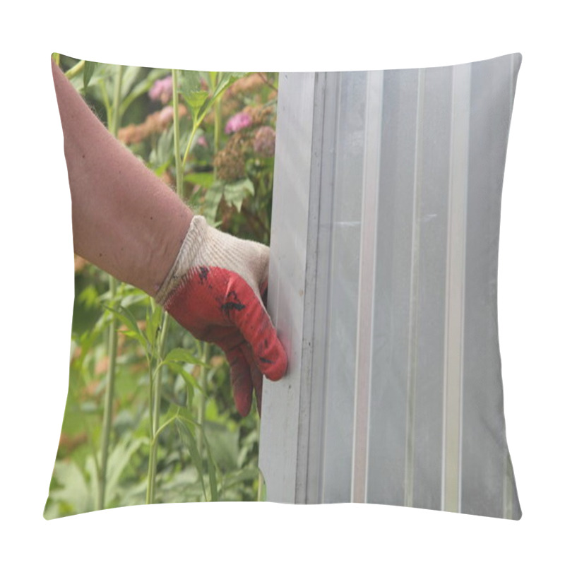 Personality  Construction Of An Opaque Fence Made Of Metal Profiled Sheet, A Man's Hand Close Up Checks Its Vertical Fastening On A Summer Sunny Day Pillow Covers