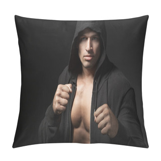 Personality  Strong Man Fighter Portrait Isolated On Black Background Pillow Covers