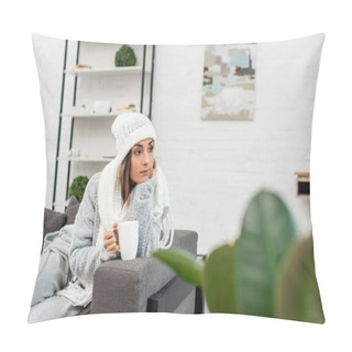 Personality  Thoughtful Young Woman In Warm Clothes Holding Cup Of Hot Tea And Looking Away While Sitting On Couch Pillow Covers