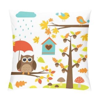 Personality  Birds,trees And Owl. Autumnal Set Of Vector Elements Pillow Covers