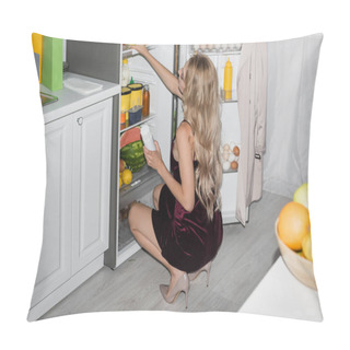 Personality  Blonde Woman In Velour Dress Holding Bottle Of Whipped Cream While Taking Apple From Fridge Pillow Covers